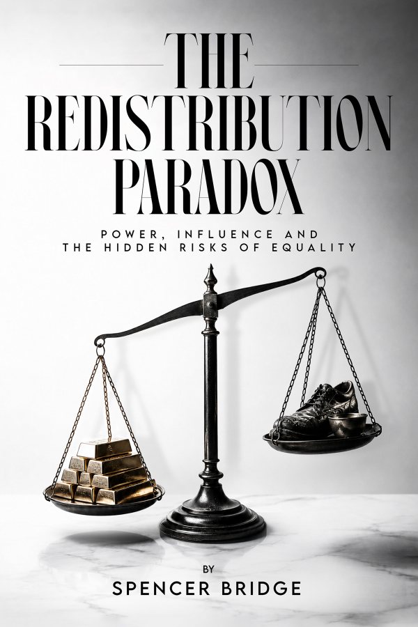 Cover of The Redistribution Paradox by Spencer Bridge: a black balance scale on white marble, with gold bars on one pan and a worn work boot and tin cup on the other.